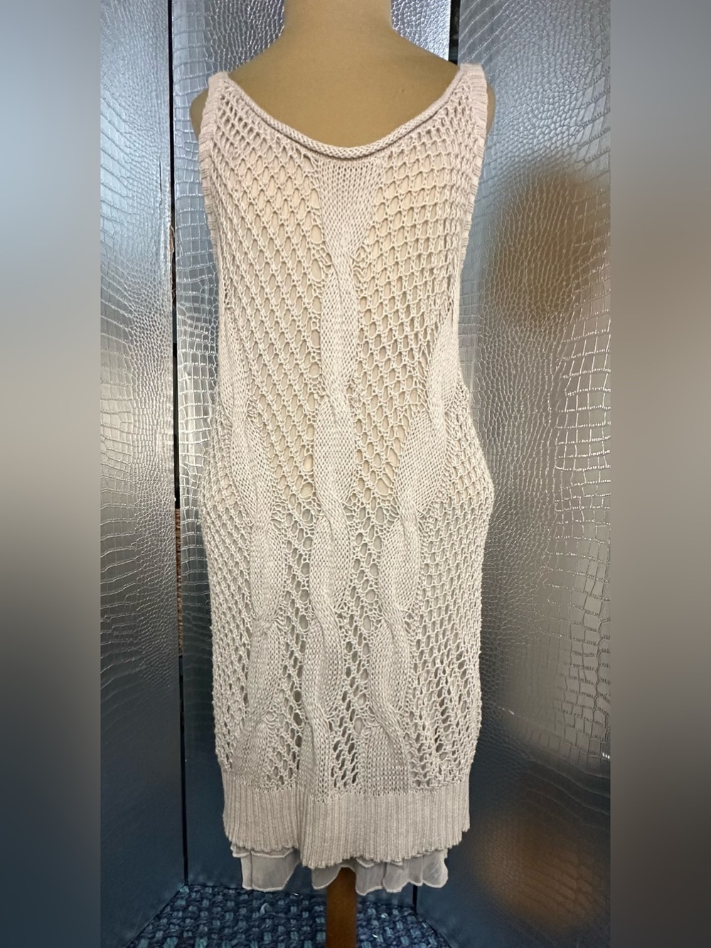 Free People Gray Crochet Cable Knit Midi Dress with Ruffle Hem